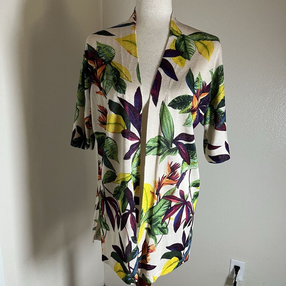 Chico’s Long Line Knit Cardigan Floral Size 1/Med Tropical Print Open Front